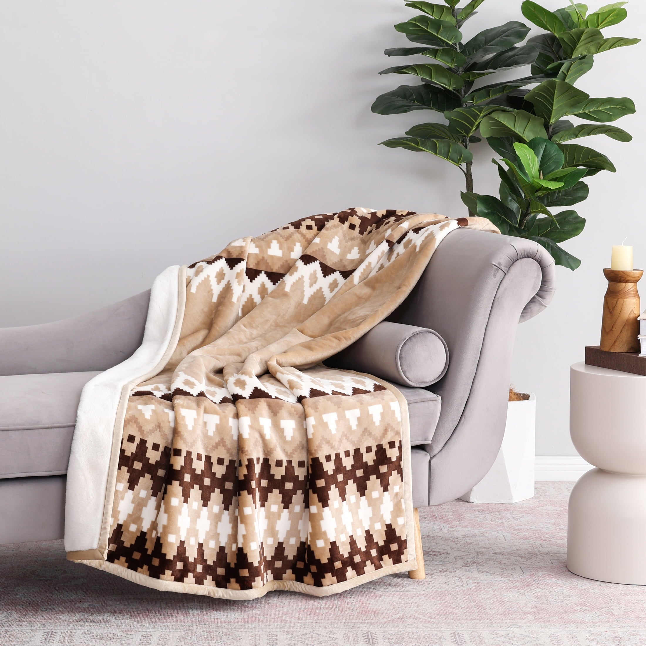 Printed Velvet Plush Reverse to Faux Fur Super Soft Throw Blanket, Oversized, Linder Border Beige
