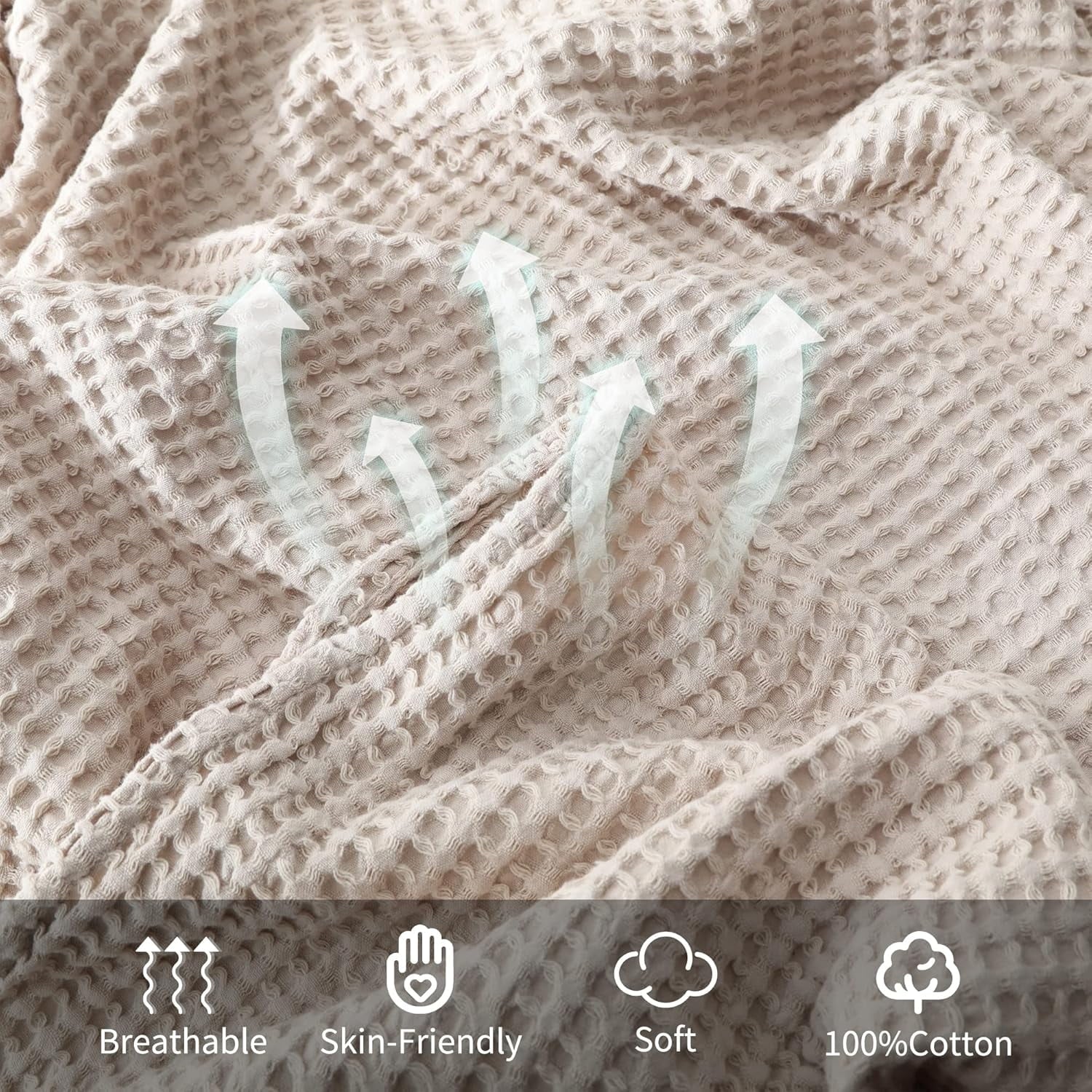 100% Cotton Waffle Bed Blanket King Size, Throw Blanket for Couch All Seasons (Beige, 104x90)