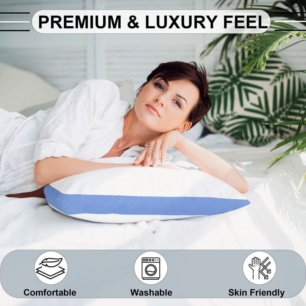 Gusseted Queen 18x26 Bed Pillows for Sleeping Set of 2 Polycotton White Blue Stripe Comfortable