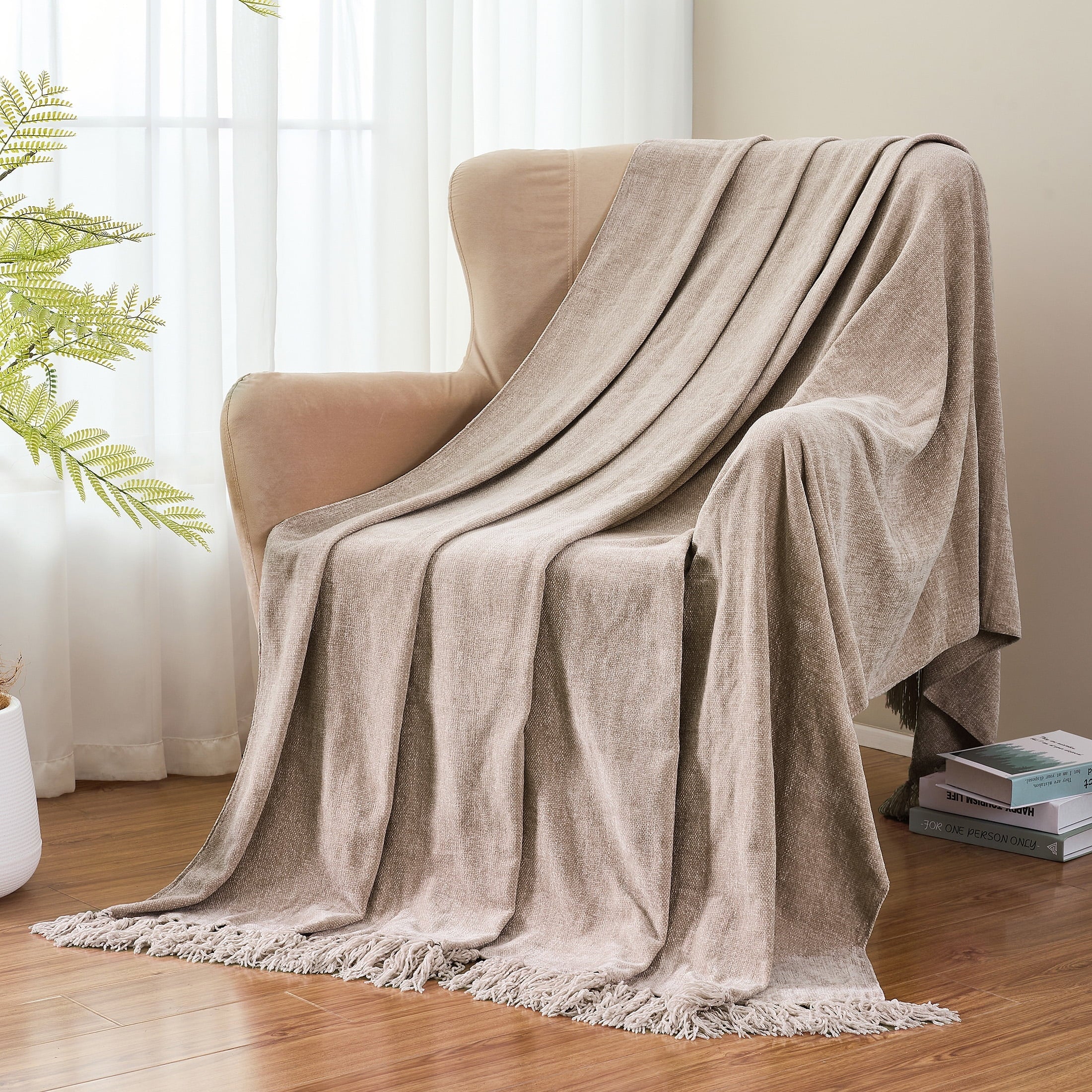 Chenille Throw Blanket with Fringe Tassel for Couch Sofa Chair Bed, Taupe 50" X 60"