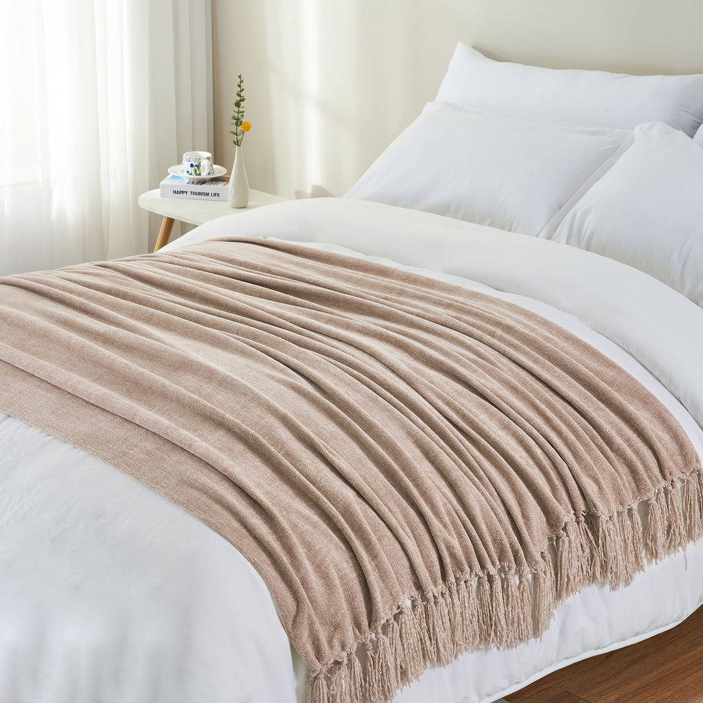 Chenille Throw Blanket with Fringe Tassel for Couch Sofa Chair Bed, Taupe 50" X 60"