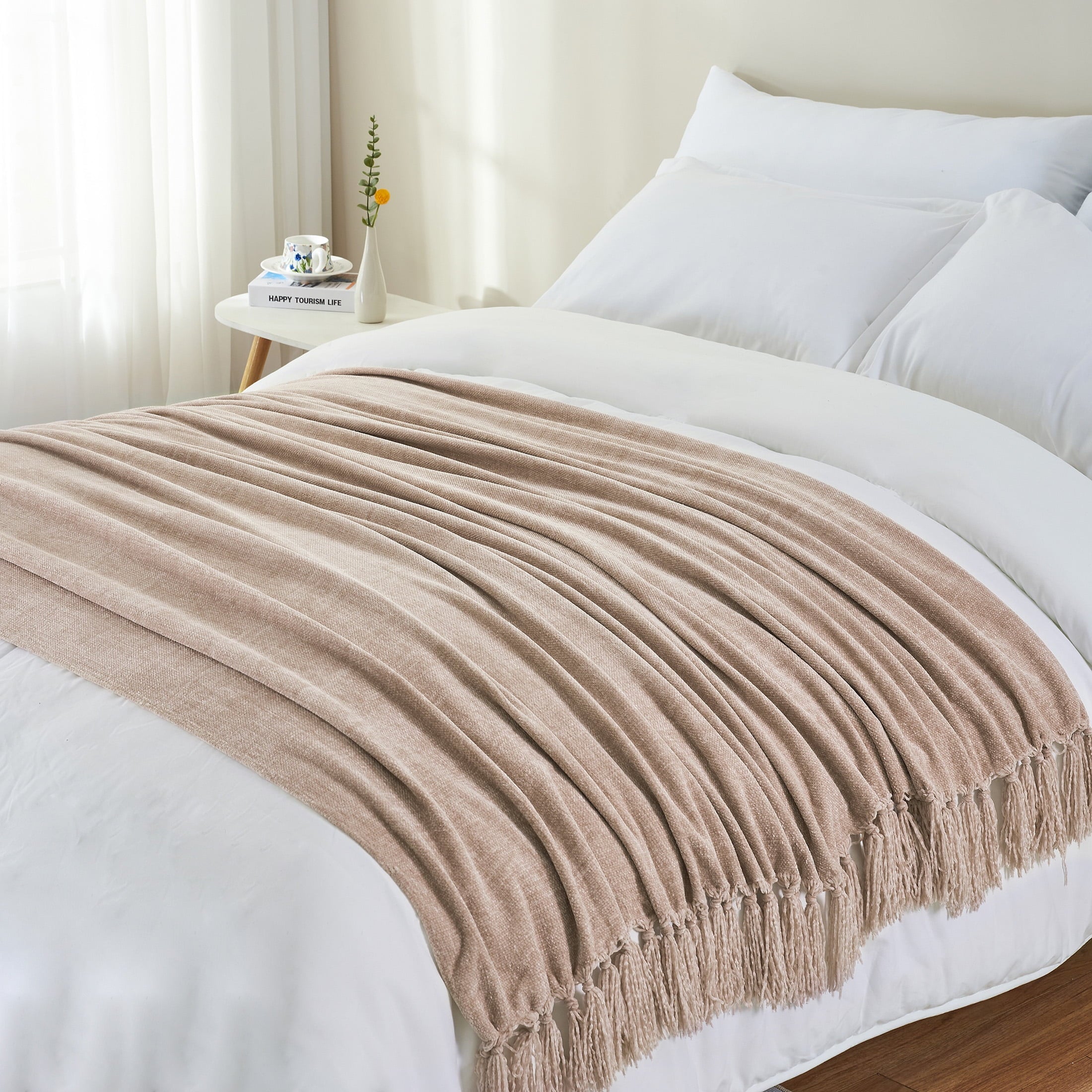 Chenille Throw Blanket with Fringe Tassel for Couch Sofa Chair Bed, Taupe 50" X 60"